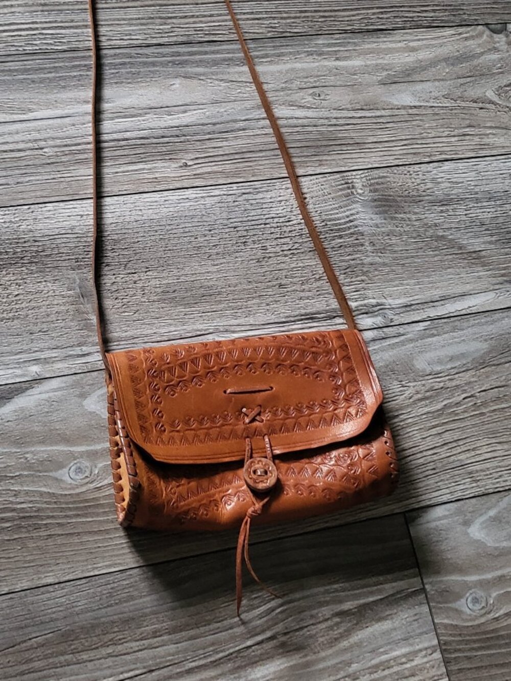 Vintage 70s Leather Crossbody Bag Cognac Brown Boho Hippie Mini Hand Tooled